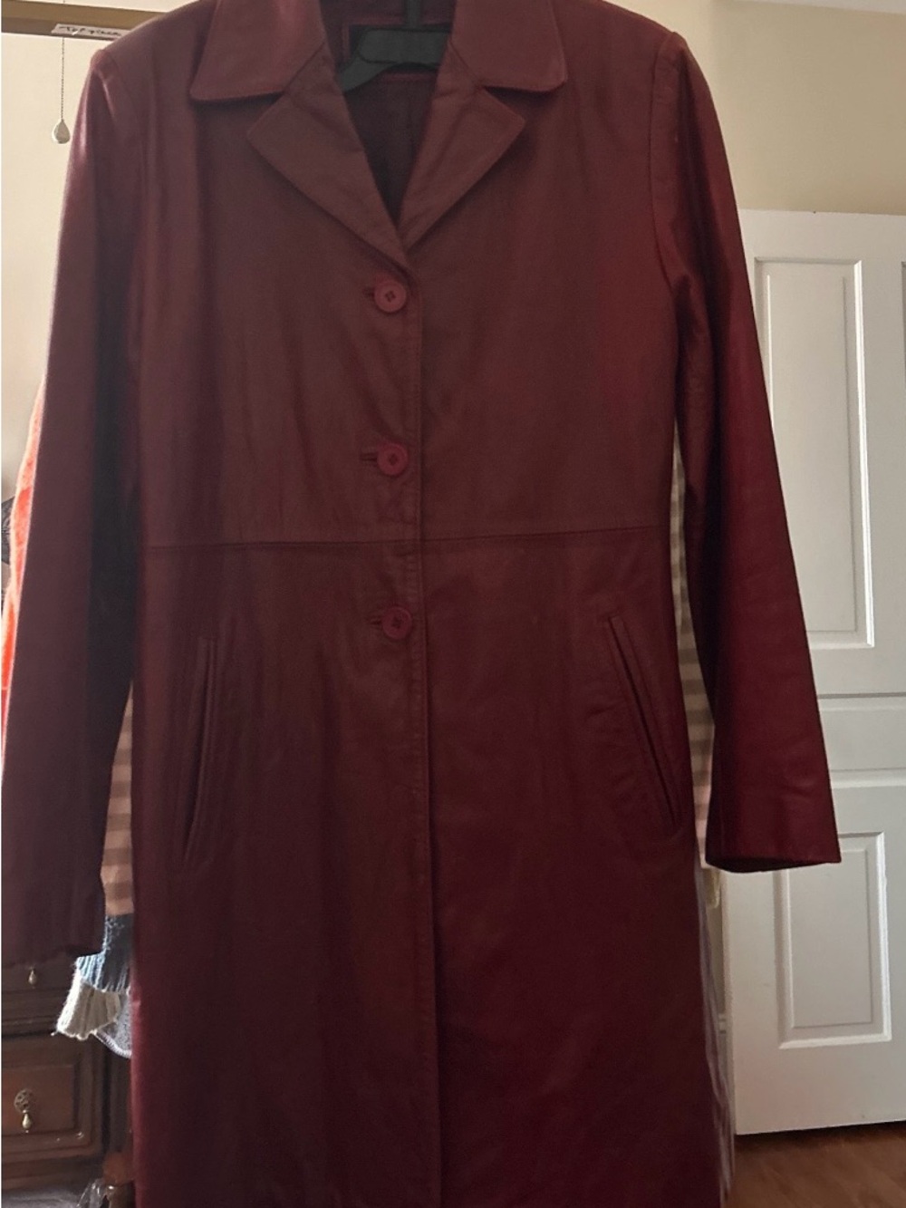 Women's Burgundy Long Single-Breasted Trench Coat
